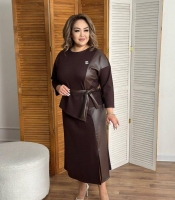 Костюм женский из двунитки и эко кожи блуза с декоративной вставкой и поясом юбка миди с разрезом повседневный осенний