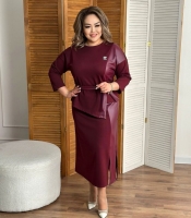 Костюм женский из двунитки и эко кожи блуза с декоративной вставкой и поясом юбка миди с разрезом повседневный осенний