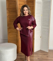 Костюм женский из двунитки и эко кожи блуза с декоративной вставкой и поясом юбка миди с разрезом повседневный осенний