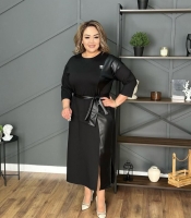 Костюм женский из двунитки и эко кожи блуза с декоративной баской и поясом юбка миди с разрезом повседневный осенний