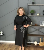 Костюм женский из двунитки и эко кожи блуза с декоративной баской и поясом юбка миди с разрезом повседневный осенний