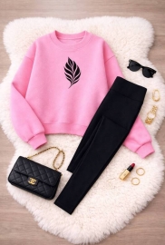 Костюм-двойка женский из флиса утепленный: свитшот с принтом и лосины зимний