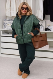 Костюм-тройка женский из трехнитки и полиэстера: худи с капюшоном реглан стеганый жилет на пуговицах и широкие брюки утепленный зимний