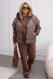 Костюм-тройка женский из трехнитки пенье и полиэстера со стеганым жилетом на пуговицах худи реглан и прямые брюки на резинке зимний