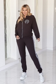 Спортивный костюм-двойка женский из двунитки бомбер на молнии с воротником-стойкой и зауженные штаны с лампасами аппликацией и стразами