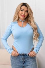 Боди женское из микродайвинга с завязками на шее с длинными рукавами