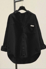 Рубашка женская из микровельвета удлиненная оверсайз с нагрудным карманом на пуговицах осенне-зимняя