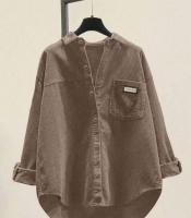 Рубашка женская из микровельвета удлиненная оверсайз на пуговицах с нагрудным карманом осенне-зимняя