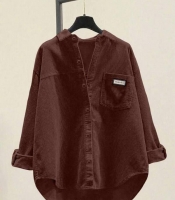 Рубашка женская из микровельвета удлиненная оверсайз на пуговицах с нагрудным карманом осенне-зимняя