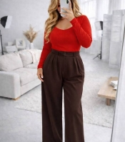 Брюки палаццо женские из полиэстера плотные костюмные с высокой посадкой широкие на молнии с резинкой сзади демисезонные