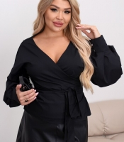 Блуза на запах женская из коттона с поясом V образный вырез с широкими рукавами демисезонная