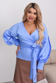 Блуза на запах женская из коттона с поясом V образный вырез с широкими рукавами демисезонная