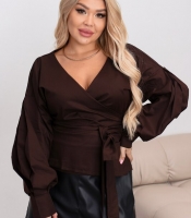 Блуза на запах женская из коттона с поясом V образный вырез с широкими рукавами демисезонная