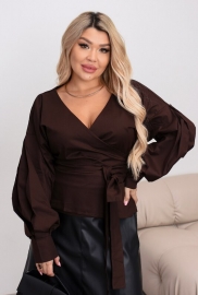 Блуза на запах женская из коттона с поясом V образный вырез с широкими рукавами демисезонная