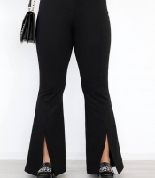 Брюки-клеш женские из плотного трикотажа с высокой посадкой с разрезами по низу зимние