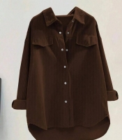 Рубашка женская хлопковая вельветовая оверсайз удлиненная с накладными карманами на пуговицах весенняя