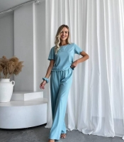 Пижама женская трикотажная в рубчик: футболка и брюки зимняя