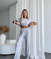 Пижама женская трикотажная в рубчик: футболка и брюки зимняя