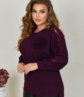 Туника женская из креп-стретча свободного прямого кроя асимметричная с разрезами с круглым вырезом с рукавом три четверти со съемным декором с пайетками