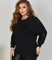 Туника женская из креп-стретча свободного кроя с круглым вырезом рукав три четверти с кружевными вставками демисезонная