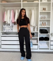 Брюки женские палаццо из костюмной ткани с высокой посадкой и оригинальным поясом демисезонные