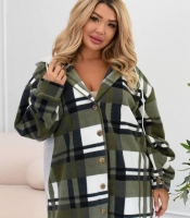 Рубашка женская из флиса и трикотажа в клетку с капюшоном на пуговицах утепленная весенняя