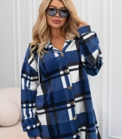 Рубашка женская из флиса и трикотажа в клетку с капюшоном на пуговицах удлиненная утепленная весенняя