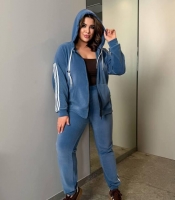Спортивный костюм женский велюровый с худи на молнии и джоггерами с лампасами повседневный весенний
