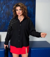 Рубашка женская из софта удлиненная с декоративными жемчужинами весенняя