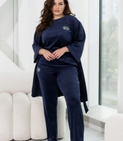 Домашний костюм-тройка женский велюровый из шовковистого хлопкового велюра: халат с поясом футболка и брюки весенний