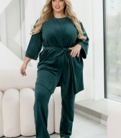 Домашний костюм-тройка женский велюровый из шёлковистого хлопкового велюра: халат с поясом, футболка и брюки-джогеры весенний