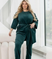 Домашний костюм-тройка женский велюровый из шёлковистого хлопкового велюра: халат с поясом, футболка и брюки-джогеры весенний