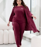 Домашний костюм-тройка женский велюровый: халат, футболка и брюки весенний