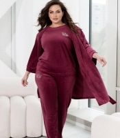 Домашний костюм-тройка женский велюровый: халат, футболка и брюки весенний