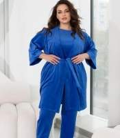 Домашний костюм-тройка женский велюровый: халат с поясом, футболка и брюки демисезонный