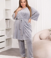 Домашний костюм-тройка женский из велюра: халат, футболка и брюки с декоративным узором из страз весенний