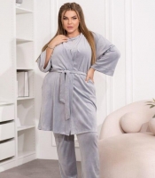 Домашний костюм-тройка женский из велюра: халат, футболка и брюки с декоративным узором из страз весенний