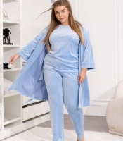 Домашний костюм-тройка женский велюровый с халатом на поясе, футболкой и брюками с высокой талией весенний