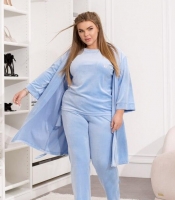 Домашний костюм-тройка женский велюровый с халатом на поясе, футболкой и брюками с высокой талией весенний