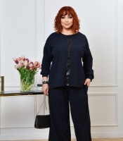 Костюм-двойка женский из креп-стретча праздничный с блузой-туникой и брюками палаццо с декоративной вставкой из пайеток весенний