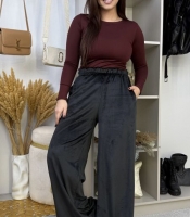 Брюки женские велюровые палаццо на резинке с карманами свободного кроя утепленные зимние