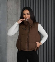 Жилет женский из водоотталкивающей плащевки с эко пухом дутая модель укороченный с высоким воротником на молнии с карманами весенний