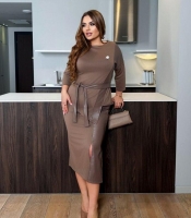 Костюм-двойка женский из двунитки с поясом из экокожи блуза и юбка миди с разрезом весенний