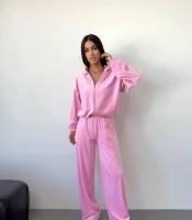 Костюм-тройка женский из велюра с кофтой на молнии: кофта топ и широкие брюки демисезонный