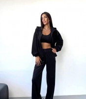 Костюм-тройка женский из велюра с кофтой на молнии: кофта топ и широкие брюки