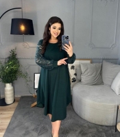 Платье-трапеция женское из креп-стретча с кружевными рукавами нарядное весеннее