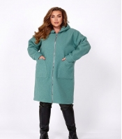 Кардиган женский из шерсти и акрила из ткани баранец на молнии с капюшоном и накладными карманами удлинённый весенний