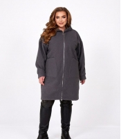 Кардиган женский из шерсти и акрила из ткани баранец на молнии с капюшоном и накладными карманами удлинённый весенний