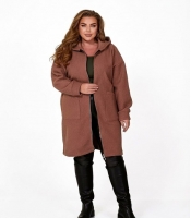 Кардиган женский из шерсти и акрила из ткани баранец на молнии с капюшоном и накладными карманами удлинённый весенний