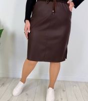 Юбка женская из экокожи и трикотажа карандаш с карманами на резинке со шнурком с разрезом повседневная весенняя